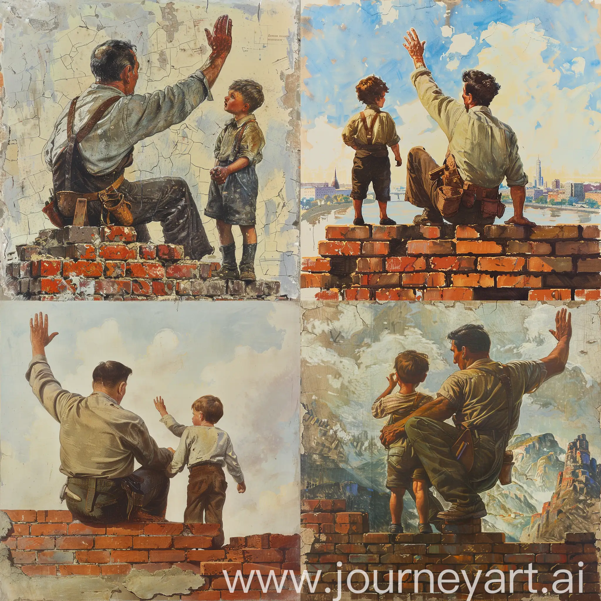 Father-and-Son-Building-Together-Soviet-Poster-Style-Brickwork-Scene