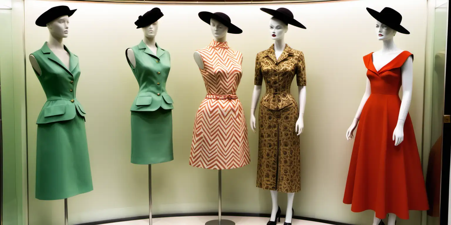 vintage fashion designs in a glass display cabinet