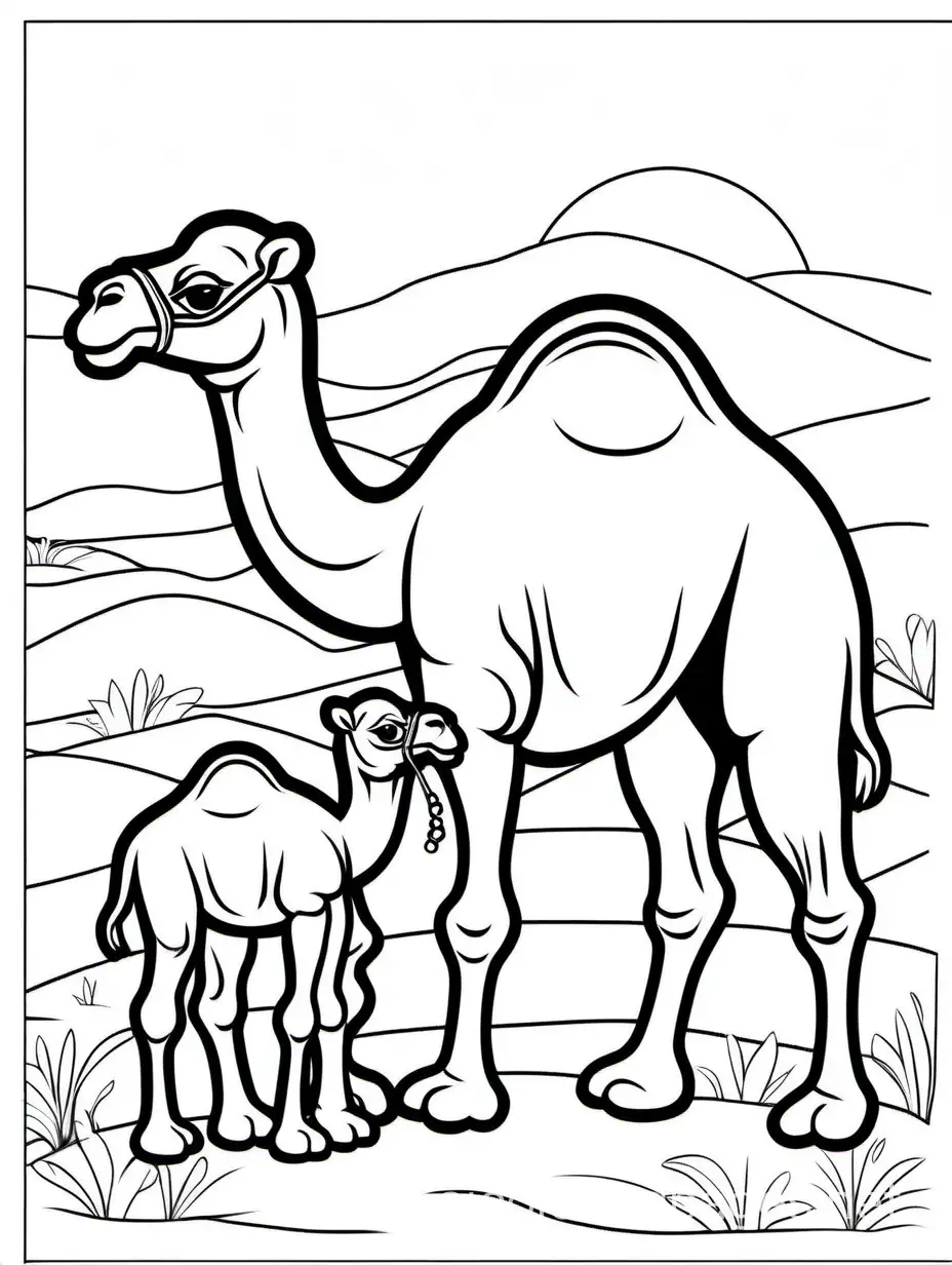 cute camel and his baby for kids, Coloring Page, black and white, line art, white background, Simplicity, Ample White Space. The background of the coloring page is plain white to make it easy for young children to color within the lines. The outlines of all the subjects are easy to distinguish, making it simple for kids to color without too much difficulty
