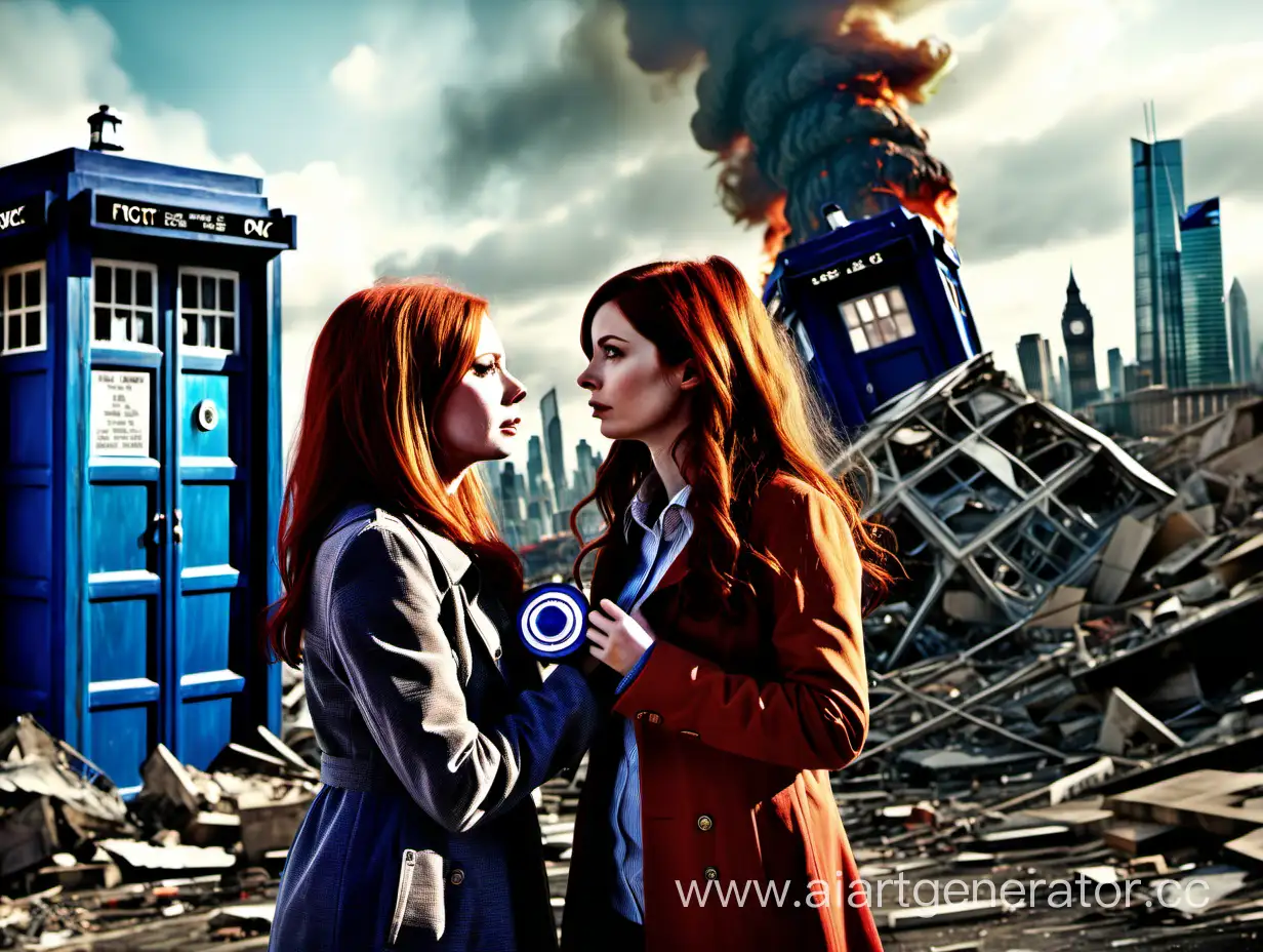 (((Karen Gillan as Amy Pond lovingly holding Jenny Coleman as Clara Oswald, both dressed only in just a few scraps. They are standing in front of the Tardis, the city in the background is destroyed.))), full body, Russian art, billboards, grainy, realistic, hyperrealistic, very realistic, very very realistic, highly detailed, very detailed, extremely detailed, detailed, digital art, trending on artstation, detailed face, very detailed face, very detailed face, realism, HD Quality, 8k resolution, intricate details, colorized photograph, colorized photo. Sharp focus,
