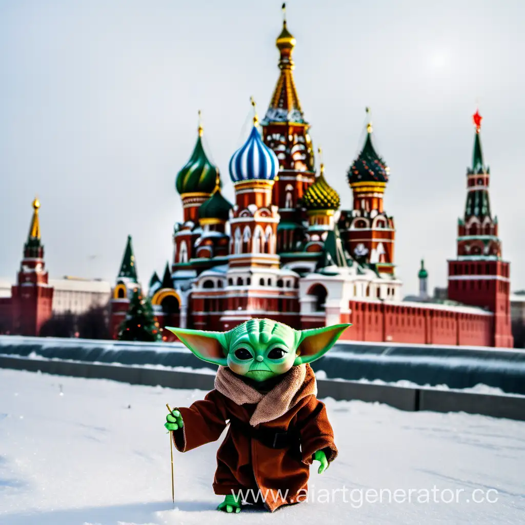 Малыша Йода на фоне кремля, который поздравляет всех с новым годом