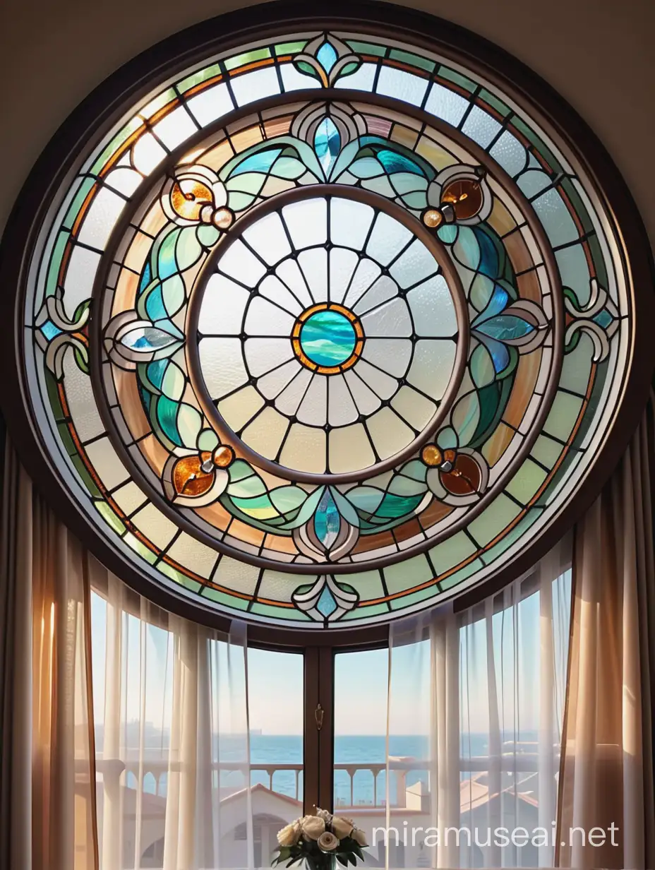 изысканное витражное круглое большое окно  тиффани, в стиле ар нуво, с красивыми линиями, из бежевого и белого цвета стекла на фоне штор из органзы
