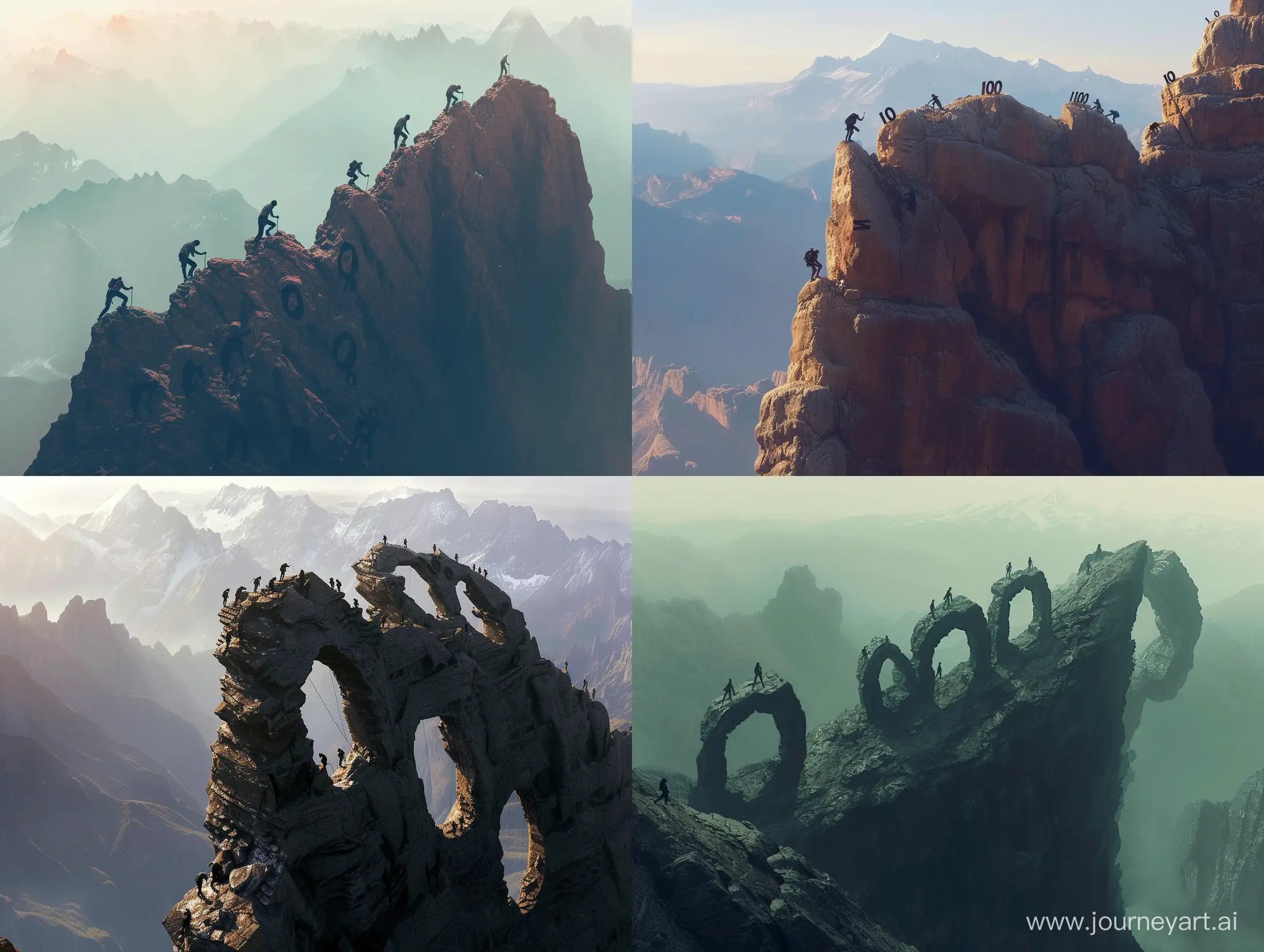 A group of people are trying to climb a high mountain with "1000" shaped rocks on the top and higher mountains in the distance, mild light, cyberpunk