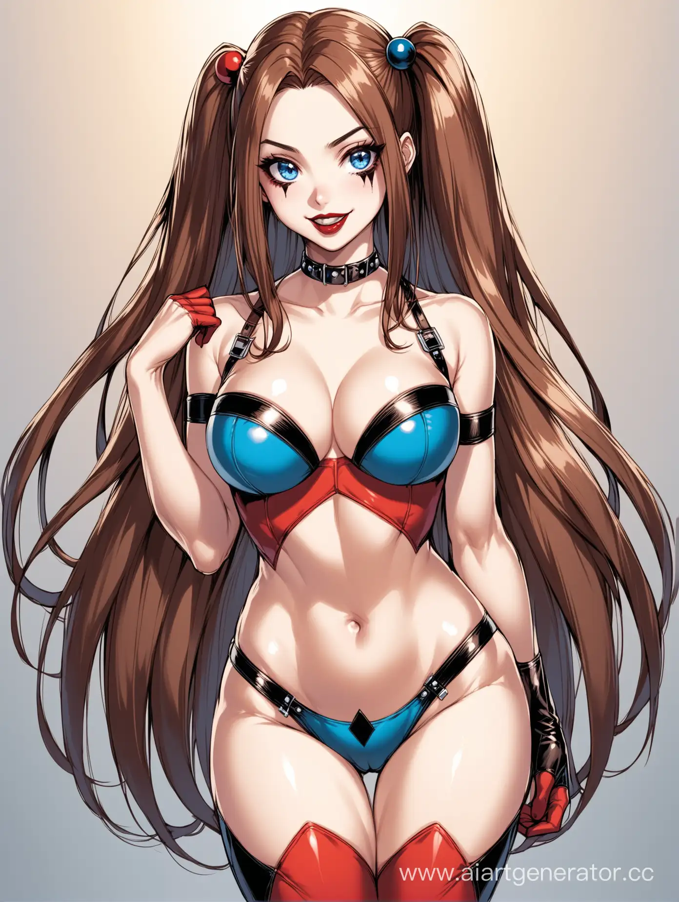 Feminine-Anime-Girl-Cosplaying-Harley-Quinn-with-Stunning-Blue-Eyes-and-Long-Brown-Hair