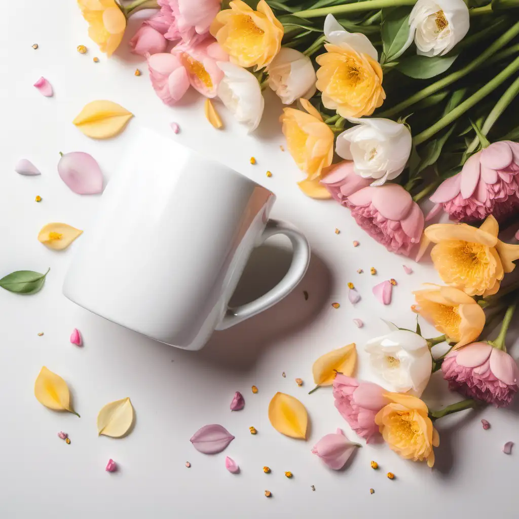 Produce a mockup of a plain white 11oz ceramic mug on a white kitchen table, with pastel spring flowers and petals scattered loosely around , flat lay, colorful pastel kitchen background, The image should highlight and zoom focus on the mug ,under soft, ambient lighting, emphasizing its sleek, design-free appearance.
The mug must not have any type of design, plain white.


