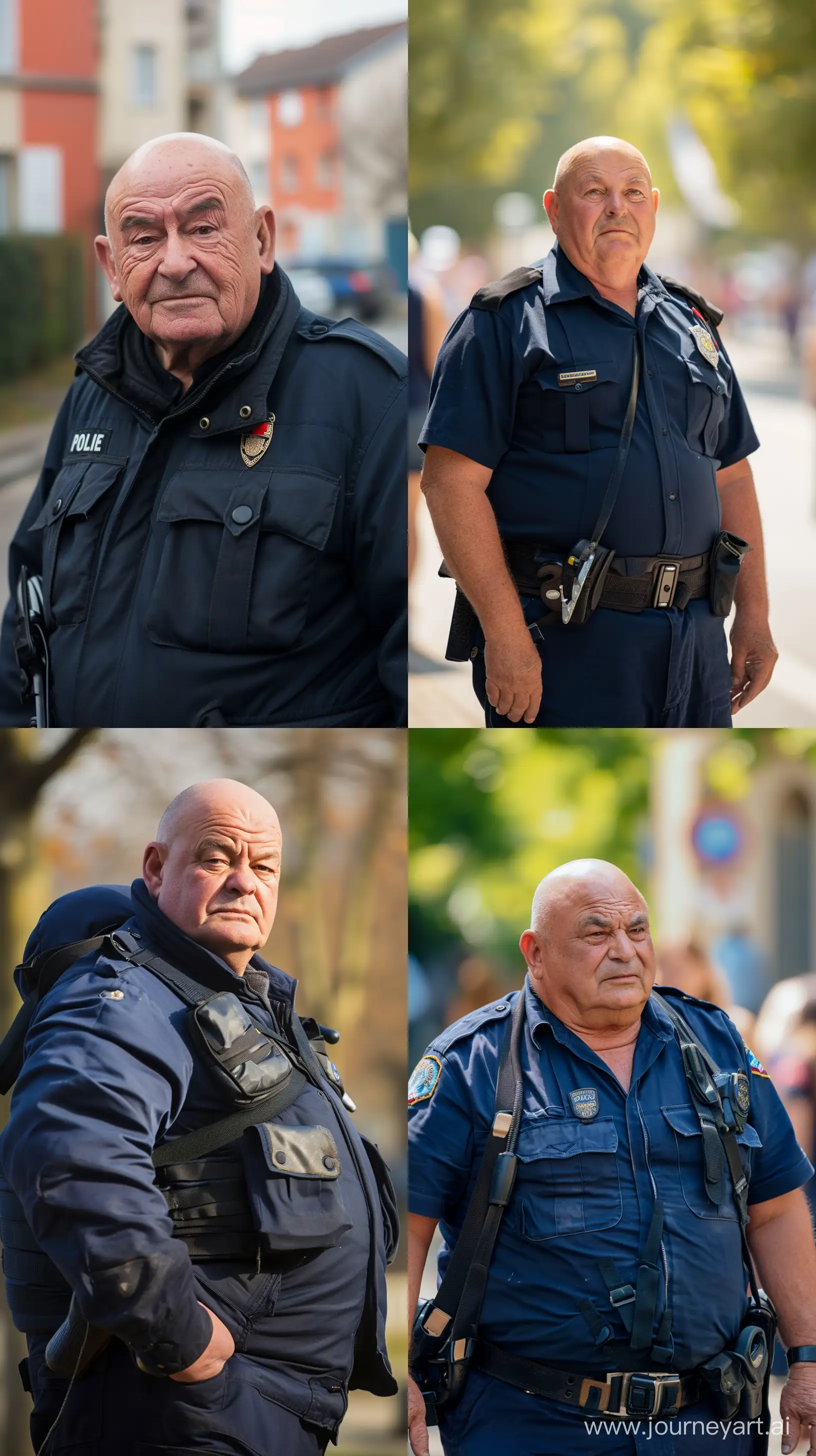 Photo of a chubby french policeman aged 70. Bald. Clean Shaven. Outside. --style raw --ar 9:16 --v 6
