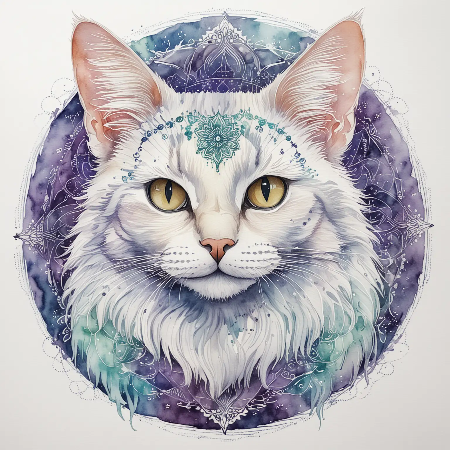 Majestic Watercolor Cat with Intricate Mandala Design