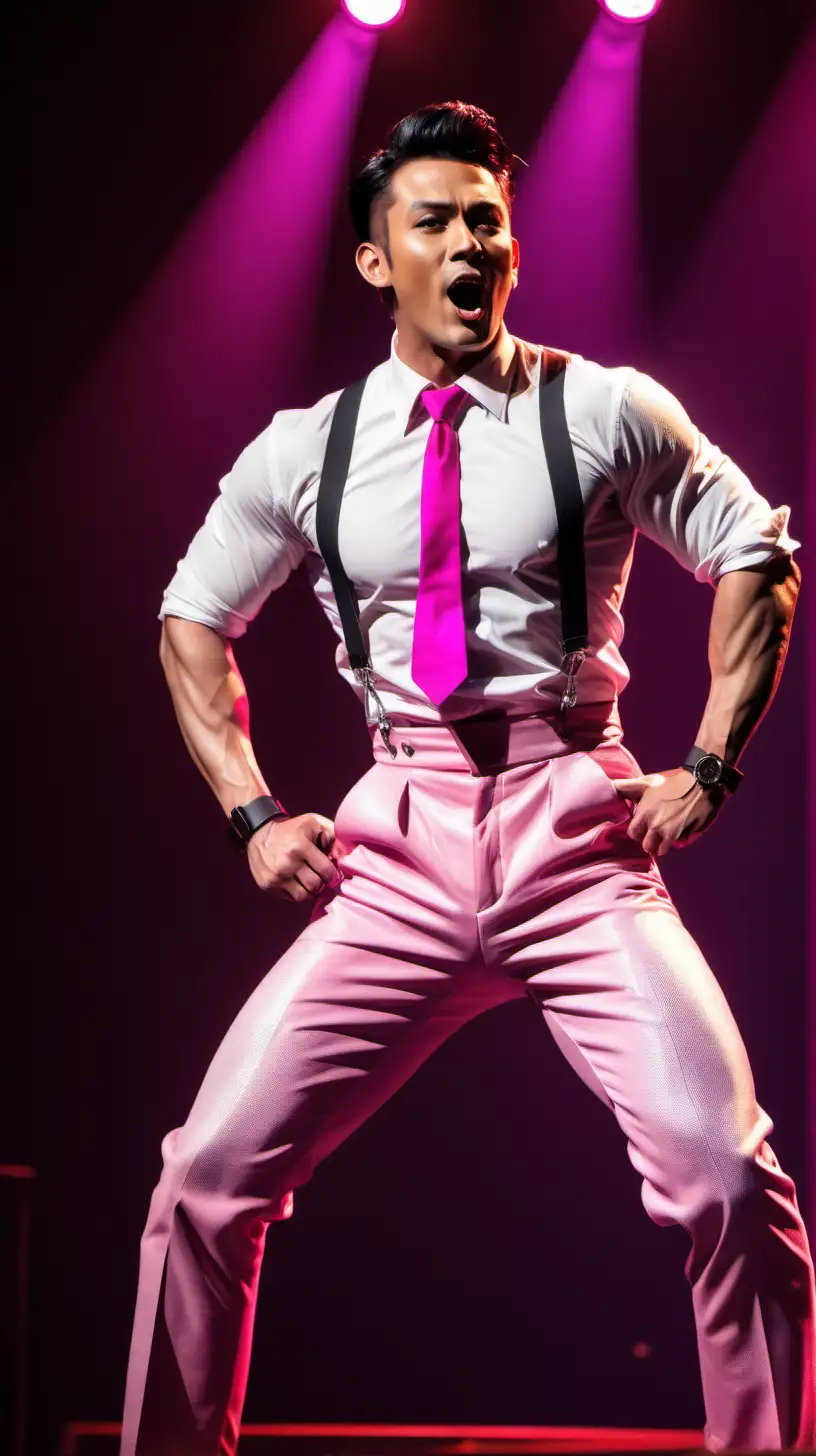 Muscular Male Singer Captivating Audience under Pink Spotlights