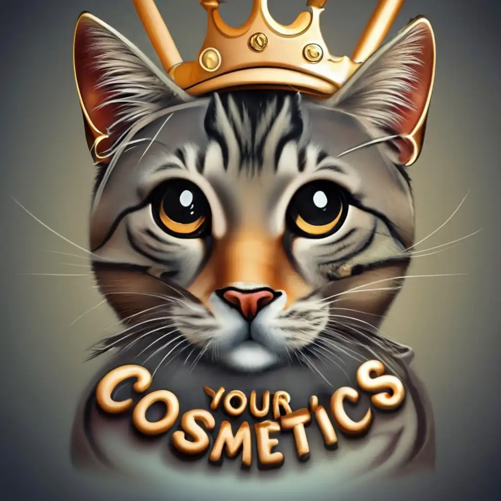 logo, realistic cat with a crown, with the text "your cosmetics", typography, be used in Beauty Spa industry