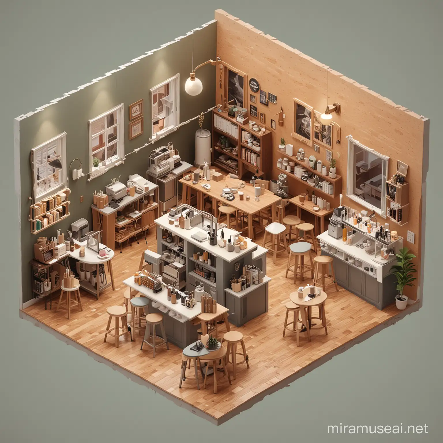 isometric view of  aesthetic coffee shop for painters  interior
