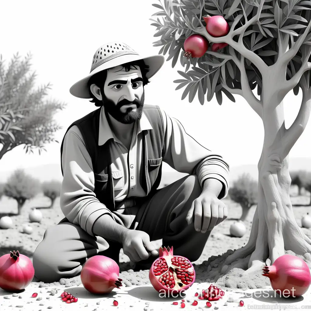 A Kurdish farmer picks pomegranate fruit alone in a primitive way., Coloring Page, black and white, line art, white background, Simplicity, Ample White Space. The background of the coloring page is plain white to make it easy for young children to color within the lines. The outlines of all the subjects are easy to distinguish, making it simple for kids to color without too much difficulty