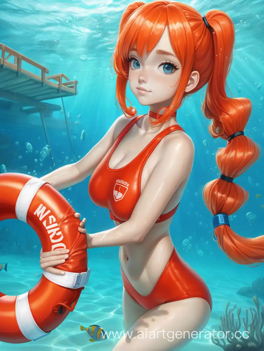 lifeguard girl underwater, in a red lifeguard swimsuit, orange hair, two tails hairstyle, cyan eyes, with a red lifebuoy in her hands