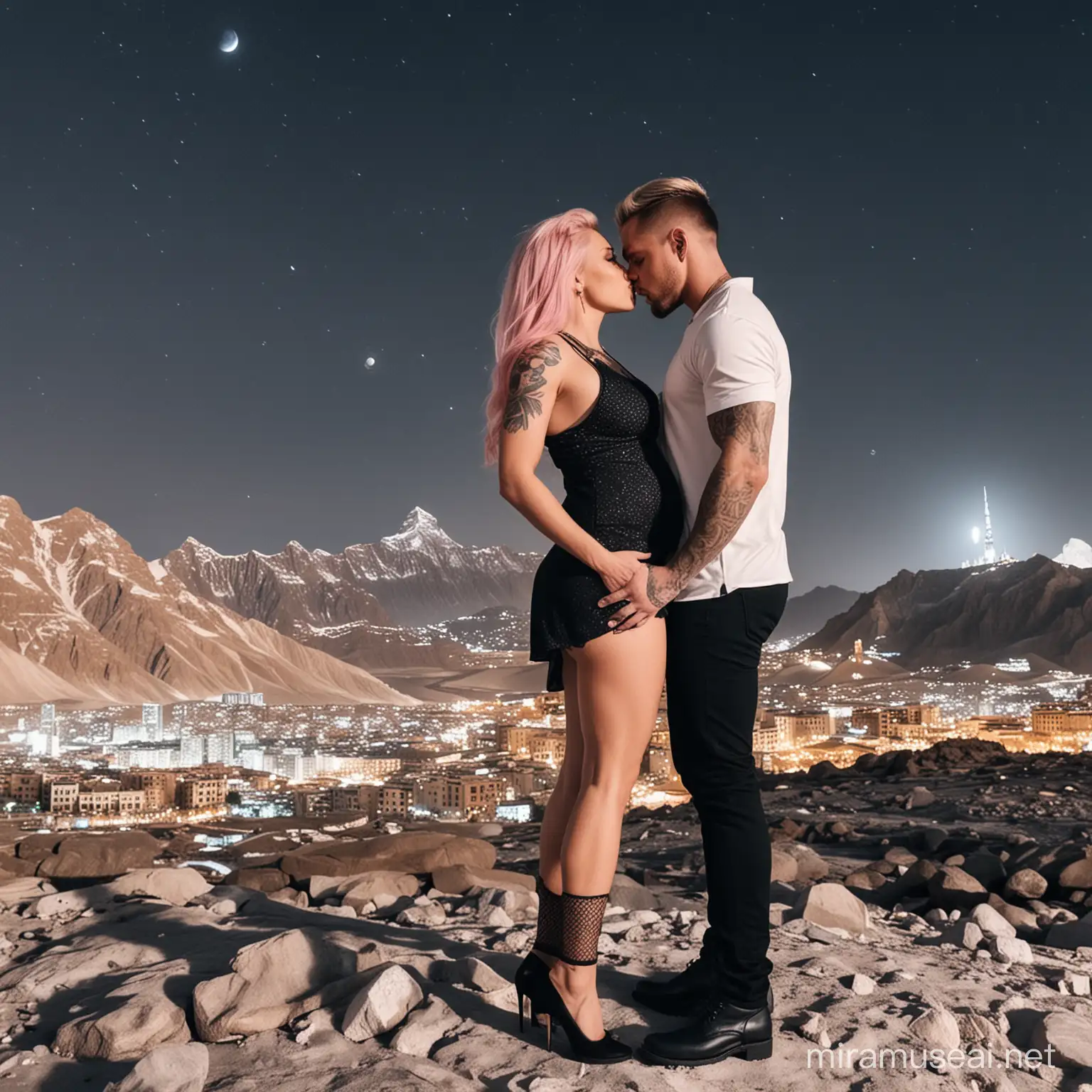 Romantic Night Pregnant Blonde Girl and Muscular Husband Kissing with Moonlit Scenery