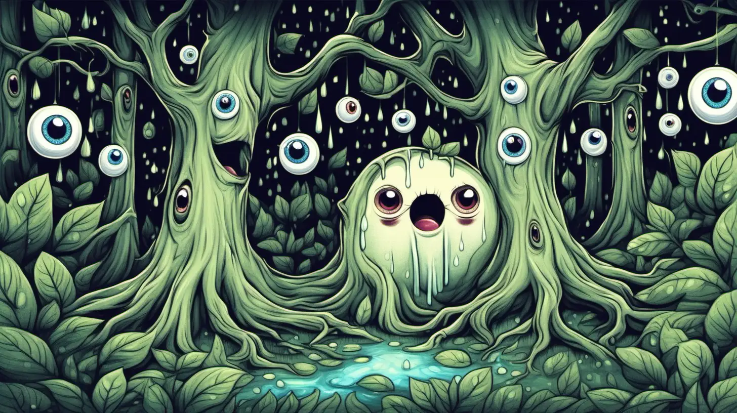 illustrate A  tree with eyes and mouth , it is crying, cute in the magical forest