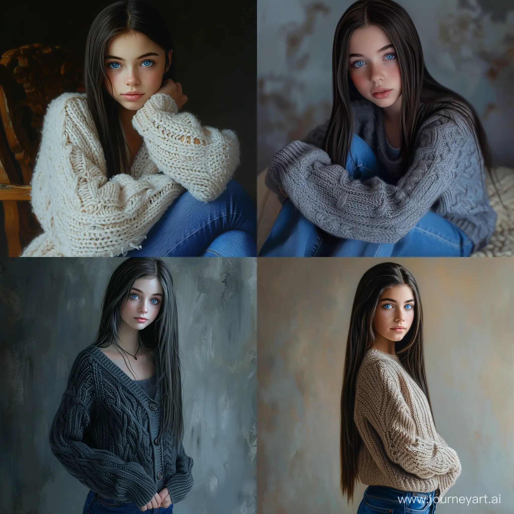 Beautiful girl, straight dark hair, blue eyes, light pale skin, teenager, 15 years old, knitted cardigan, blue jeans, high quality, high detail, realistic art