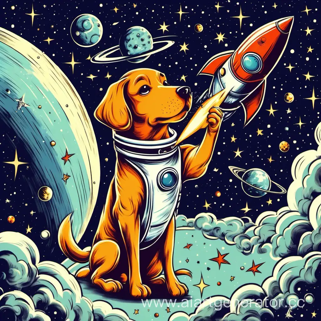 Curious-Dog-Sniffing-Rocket-in-Outer-Space