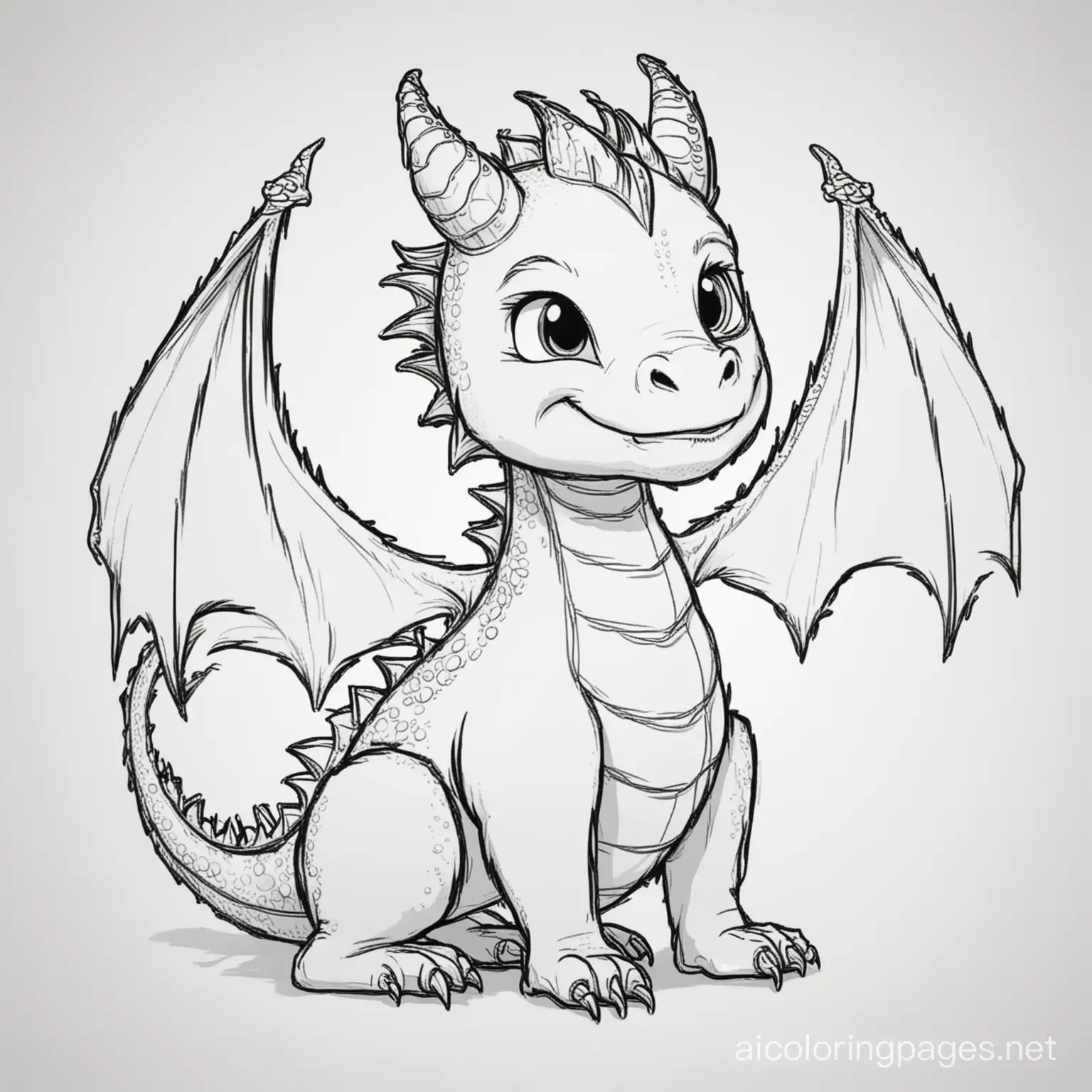 dragon, Coloring Page, black and white, line art, white background, Simplicity, Ample White Space. The background of the coloring page is plain white to make it easy for young children to color within the lines. The outlines of all the subjects are easy to distinguish, making it simple for kids to color without too much difficulty