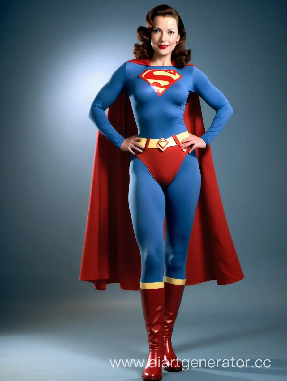 A beautiful woman with brown hair, age 36, She is happy and muscular. She is wearing a Superman costume with (blue leggings), (long blue sleeves), red briefs, red boots, and a long cape. Her costume is made of very soft cotton fabric. The symbol on her chest has no black outlines. She is posed like a superhero, strong and powerful. In the style of a 1940s movie. 