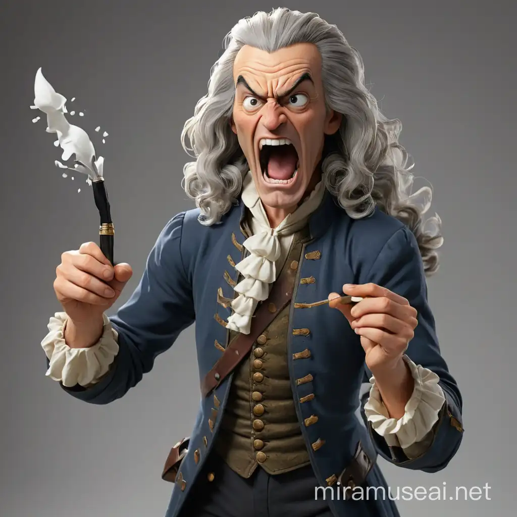 Voltaire, François Marie Arouet. he furiously throws a broken 18th century writing pen. he has an angry and furious face. in full height. without background. realism style, 3d-animation