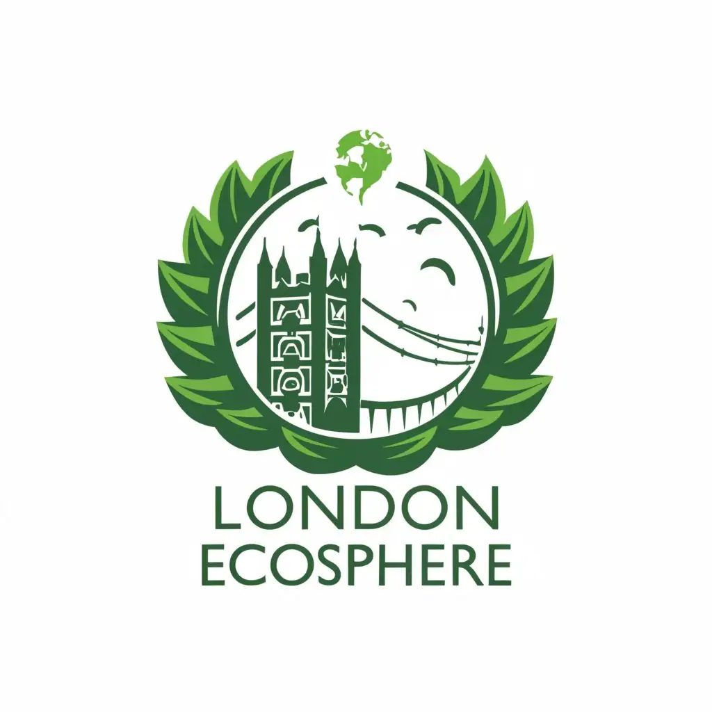 a logo design,with the text 'London EcoSphere', main symbol:In the center, you could have a simplified outline of a London landmark like Big Ben or Tower Bridge. Surrounding the landmark, incorporate stylized green leaves or a globe to represent Earth.