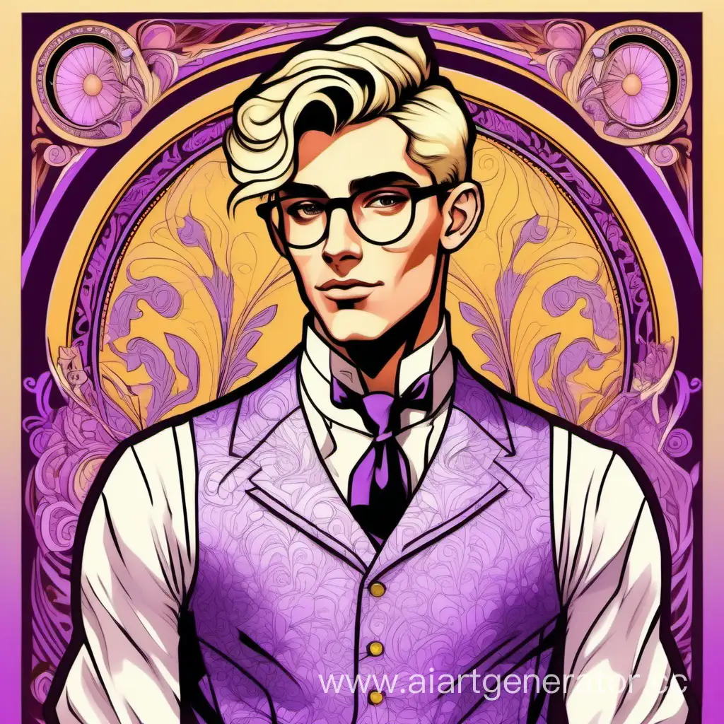 Detailed Handsome, tall, clean-shaven, arched brows, spectacled young blonde man radio show host wearing a lavender waistcoat in the style of Alfonse Mucha Androgynous twink 
Colourful deco background.