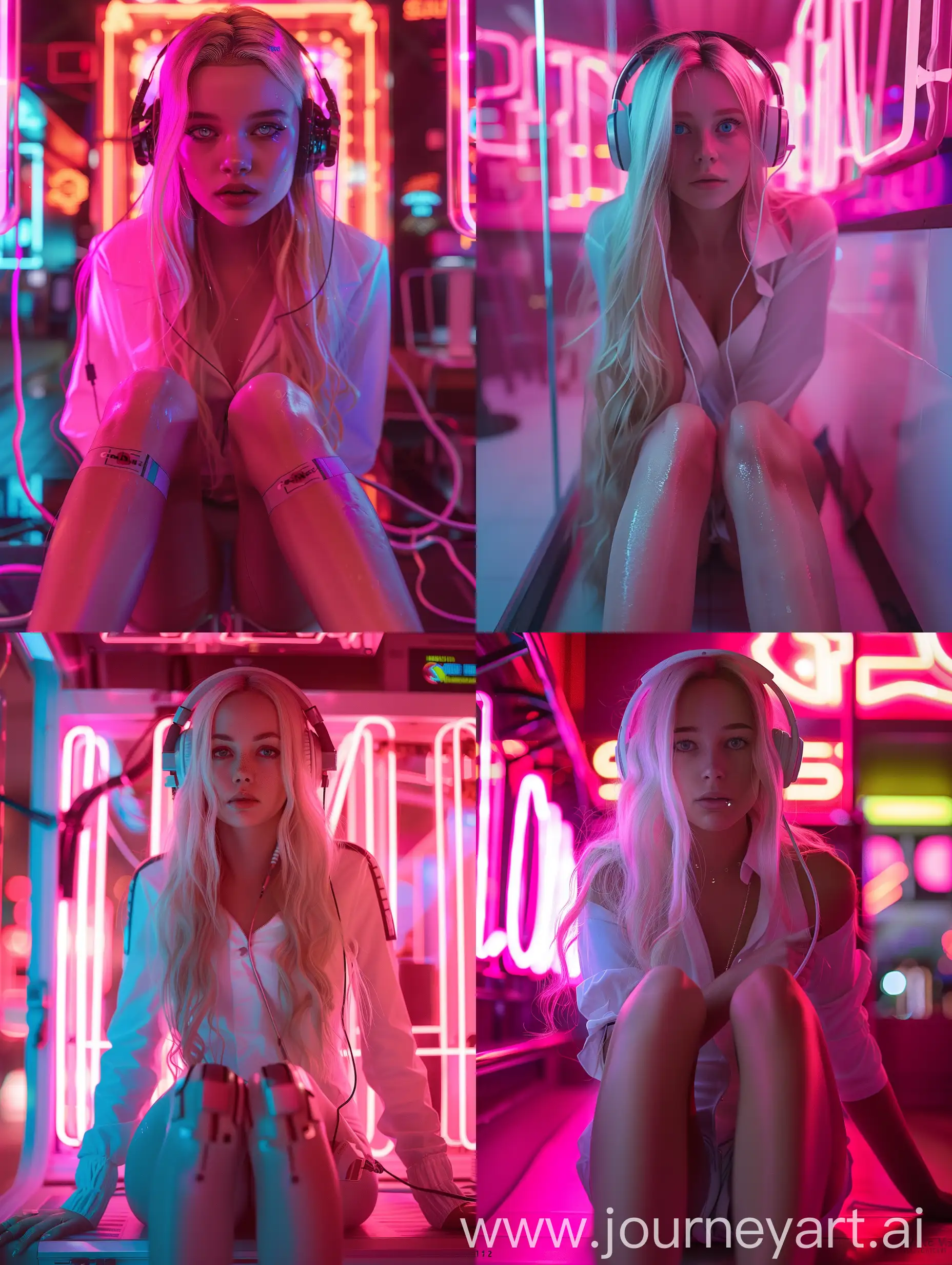 Kodak Vision 2383, Low Angle full body shot of a mystic woman named Lisa Lou, with blond long hair and long model lags, wearing high-tech headphones and a white shirt, The background unfocused pinkish Neon Signs lights, with her "beautiful big blue eyes" she looks directly into the camera, detailed natural skin, retrofuturism, future tech, dramatic cinematic lighting, RAW photo, high detailed Natural skin, film grain, cyberpunk neon look, camera f1.6 lens, rich colors,