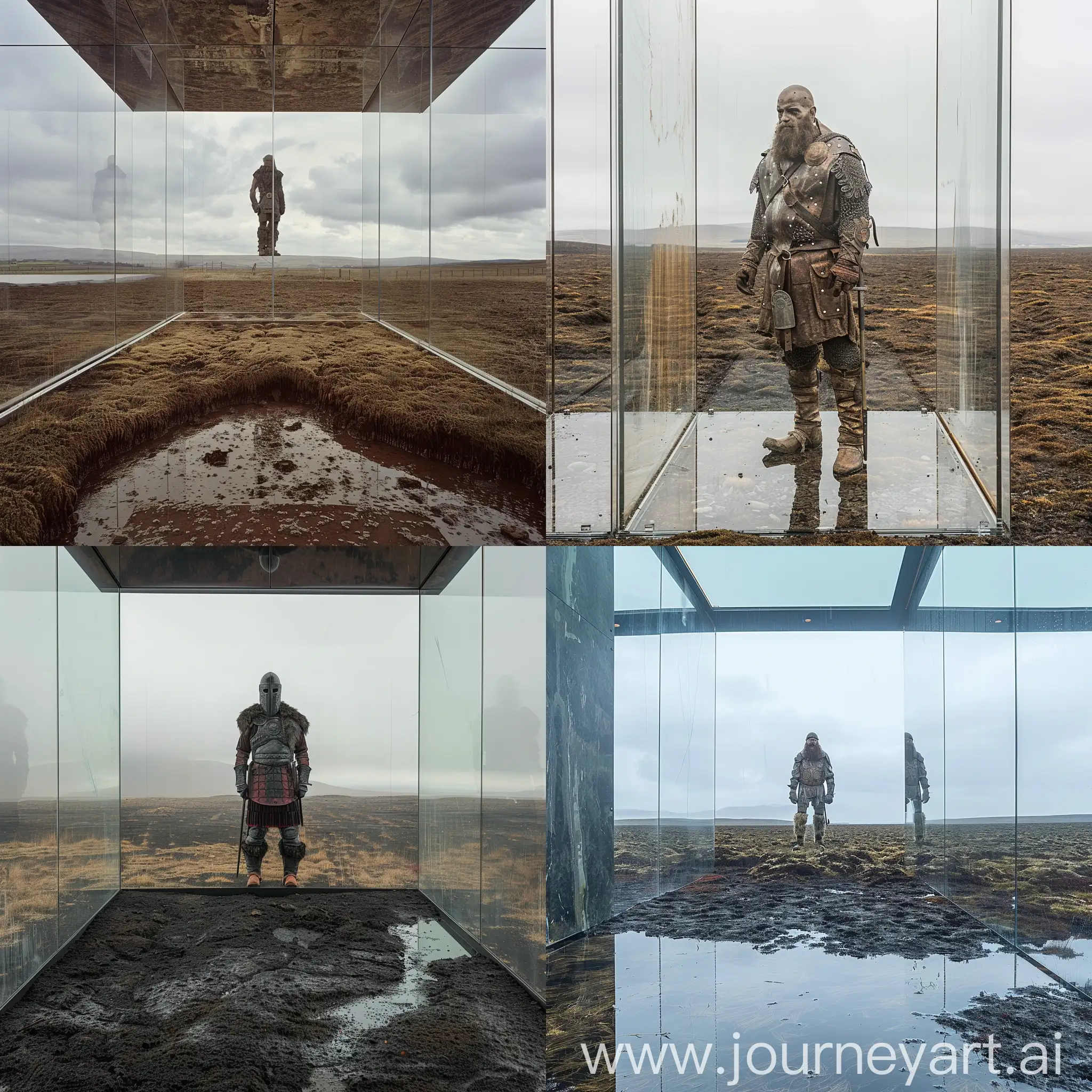 irish celtic warrior, standing in a flat peat bog, viewed through a glass pavilion