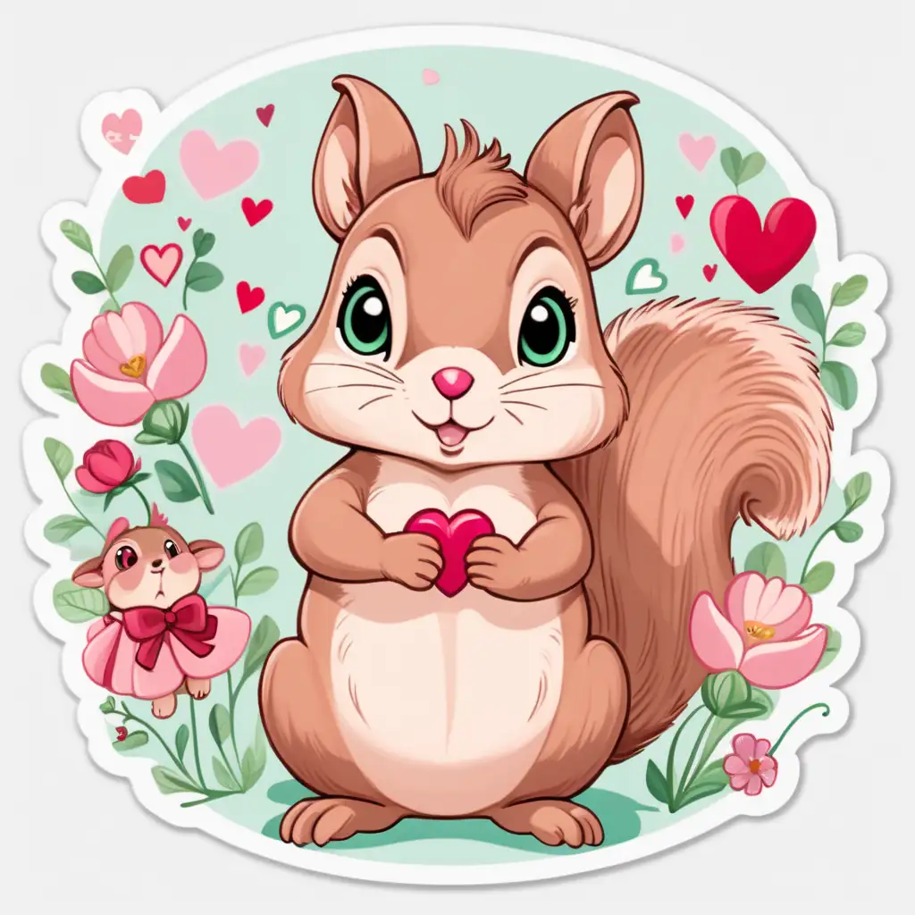 Cute,fairytale,whimsical, pastel,cartoon, chubby baby squirrel  with big ears,big green eyes, ,beautiful valentine background, with valentine hearts and flowers around, sticker,white background, bright,colorful