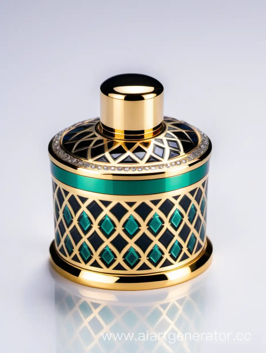 Luxury Plastic Perfume decorative ornamental long double height cap, gold color with black and dark green blue border line arabesque pattern round shaped metallizing finish with diamond on top