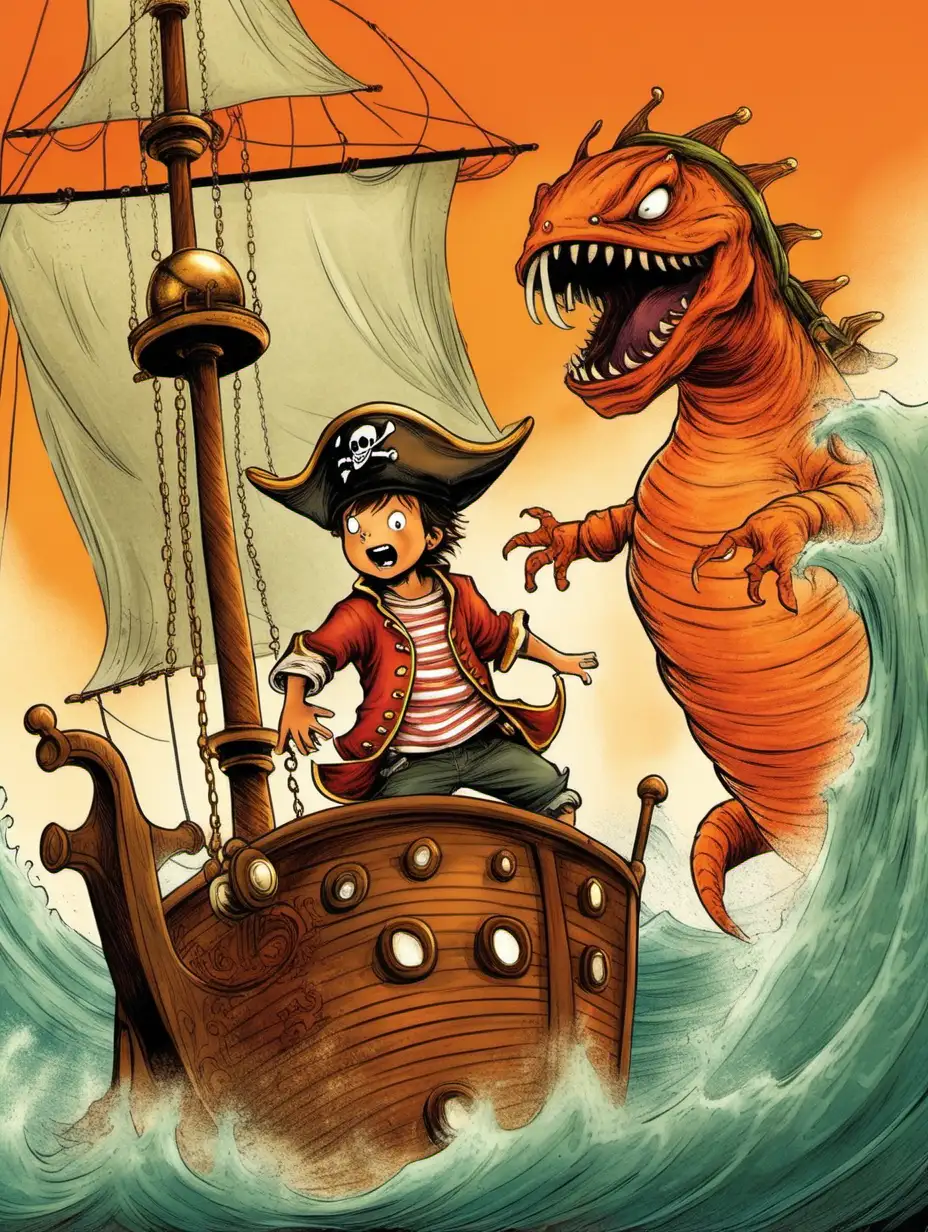 Little boy Max in a pirate hat on a ship fighting a sea monster in a room with orange walls. storybook illustration


