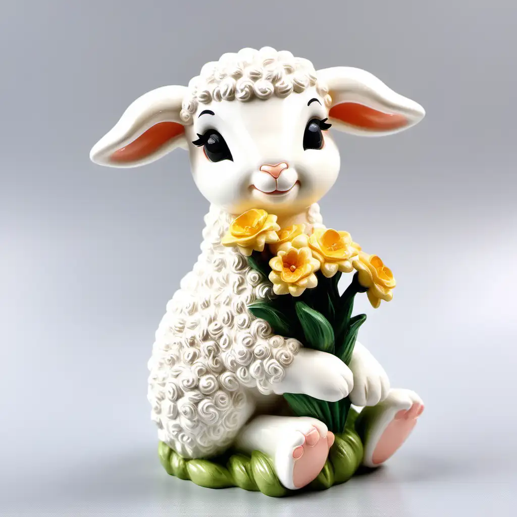 复活节 树脂  可爱 小羊坐着 手拿花   欧美风格  白色背景