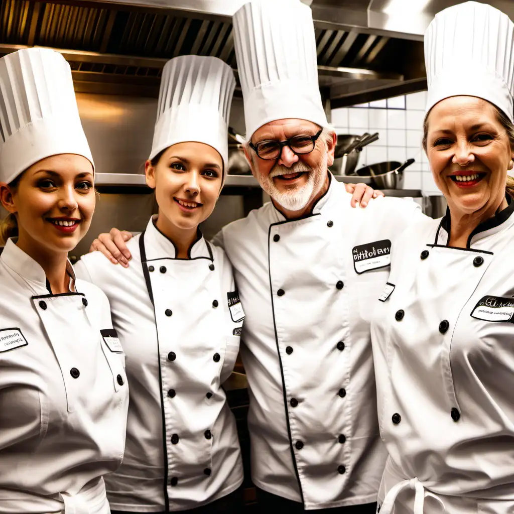 4 female chefs and 1 senior male chefs co-op standing in a commercial kitchen. 