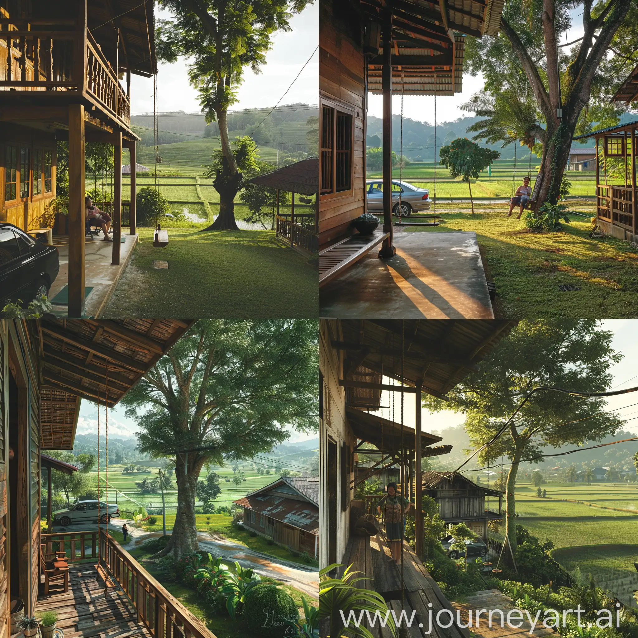 beautiful view from balcony of wooden kampung house in the morning with spacious yard. On the side of the house there is a big shady tree and there is a swing under it. Far from the house you can see rice fields, water lines and ridges bordering rice fields. The green hills are faintly visible with the rays of the beautiful morning sun. Her mom is chatting with the neighbor's aunt. His father's bad car is parked on the left side of the house. realistic, hd uhd