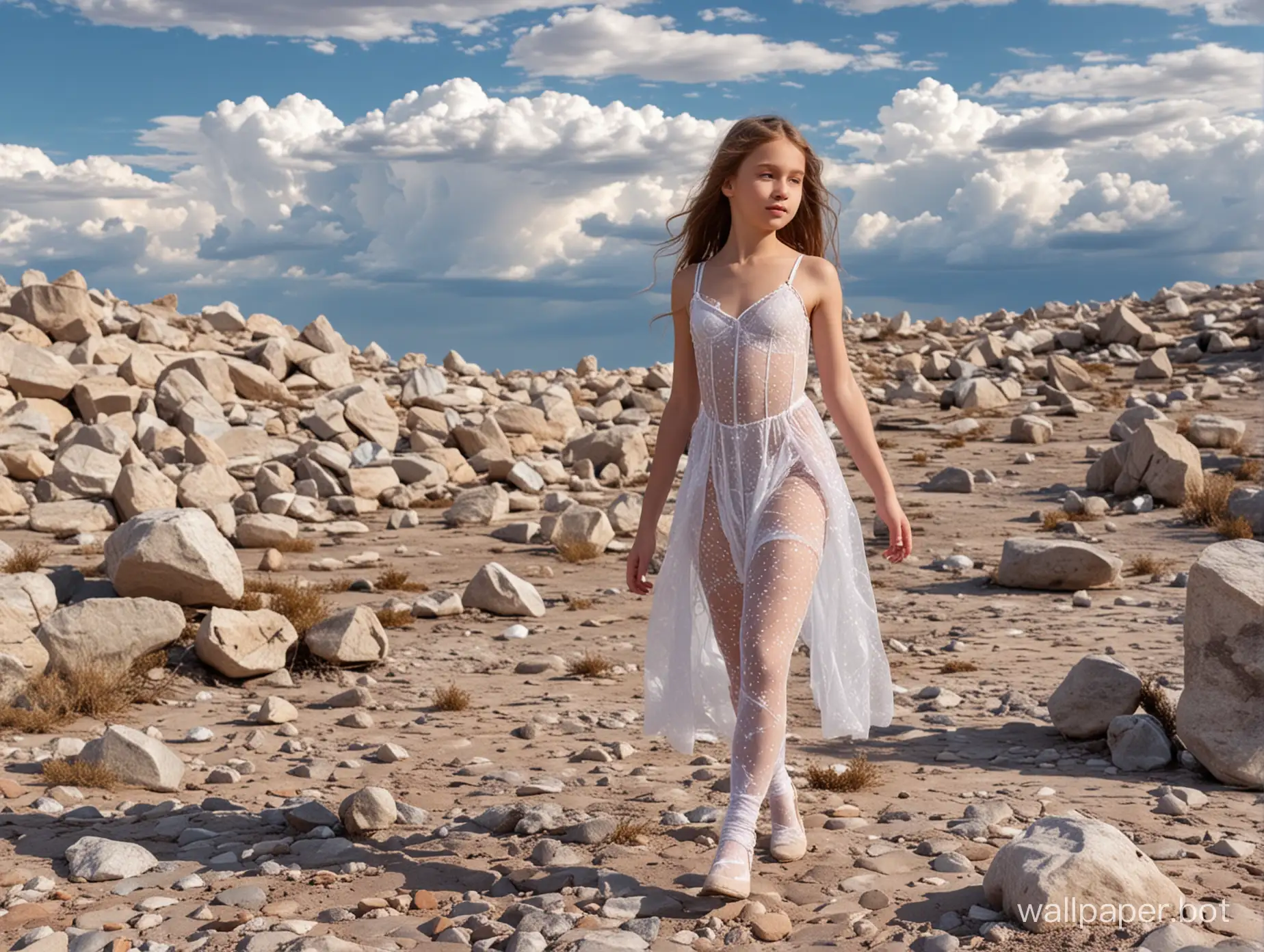 русская девочка 12 лет в красивом бодистокинг идёт по каменистой планете под нежно опаловым небом с белыми облаками