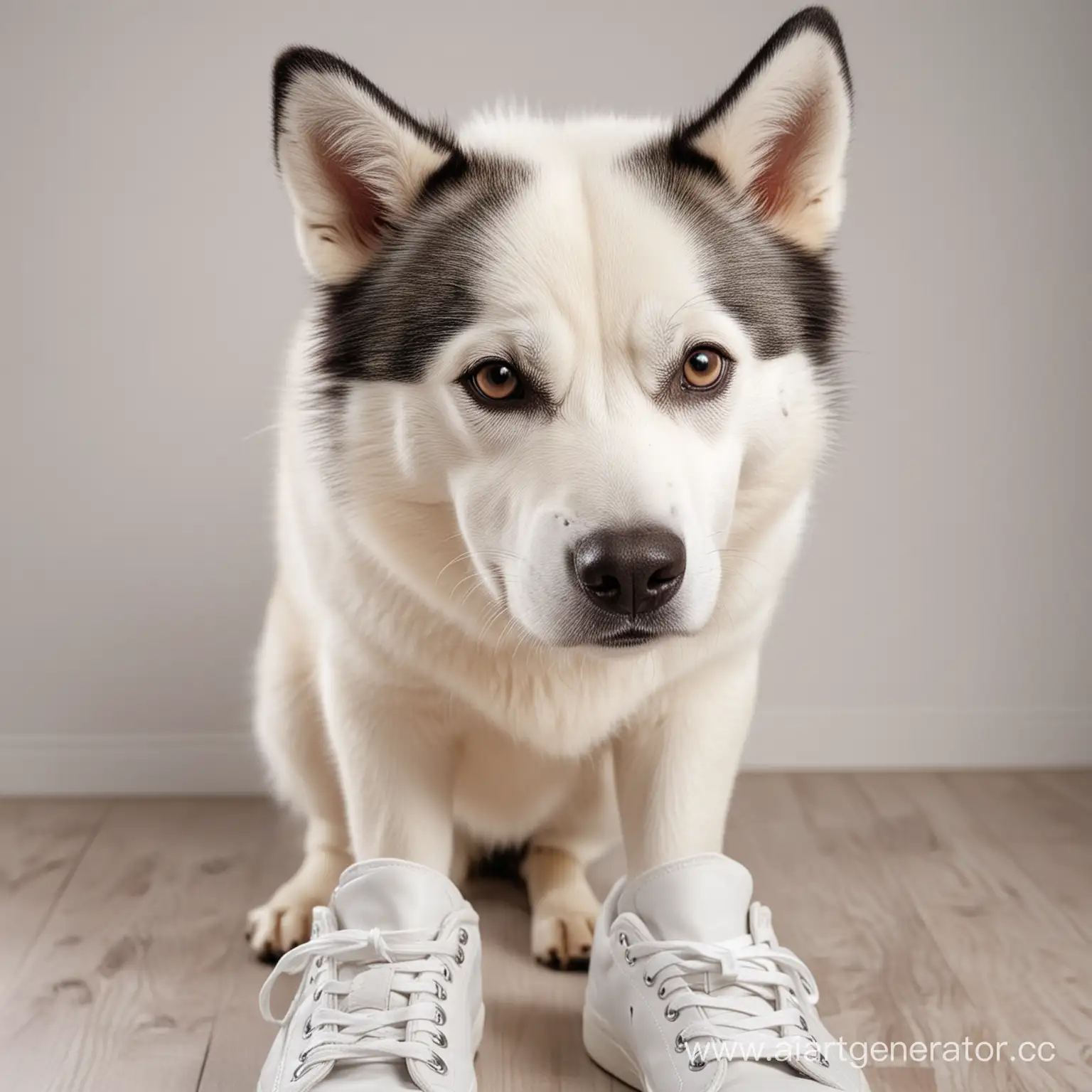 CloseUp-Portrait-of-a-White-HuskyLike-Dog-Licking-Its-Nose-in-Sneakers