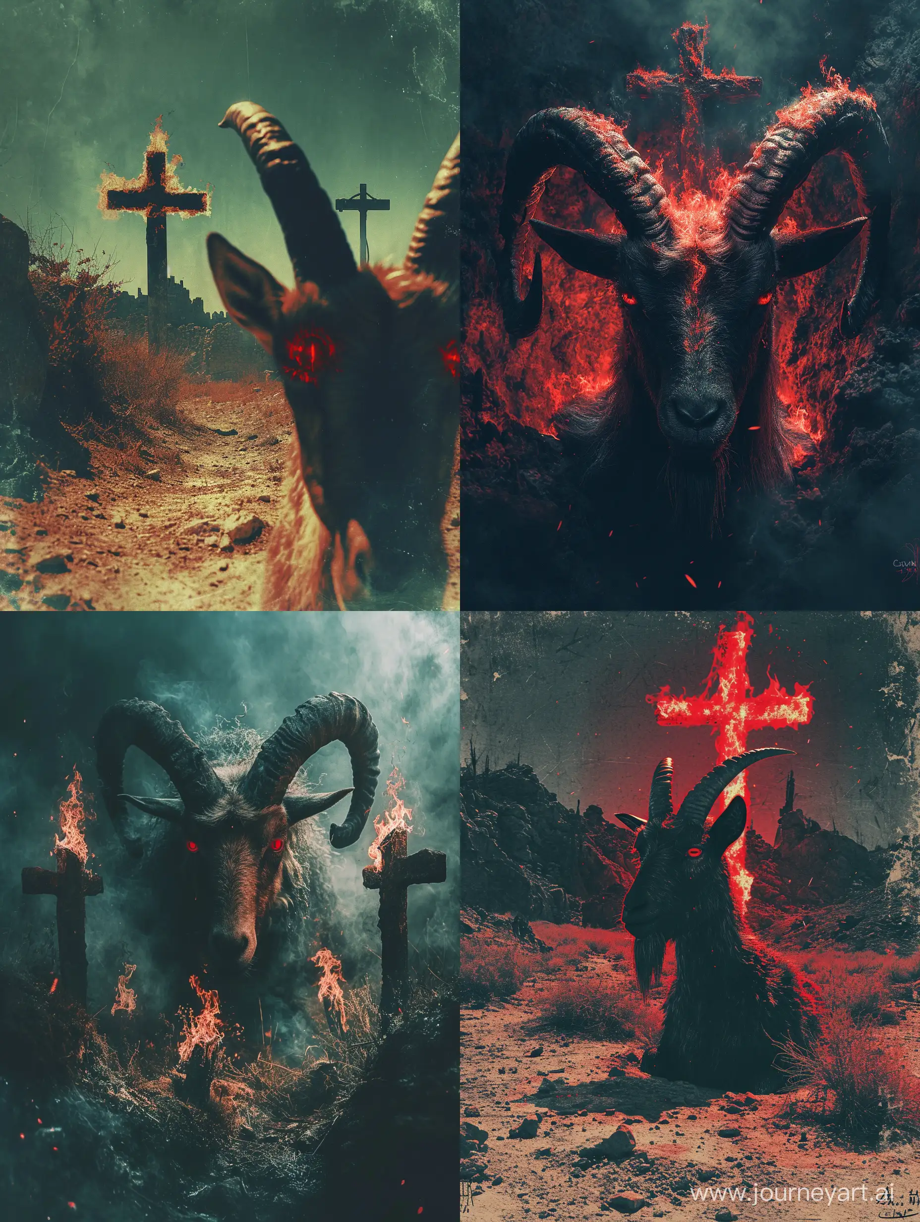 Satanic symbols, with burning crosses turned up, goat horns and crimson eyes, from the hellish landscape, artworks for metal music album, photonegative refractograph --c 6 --s 456 --v 6.0