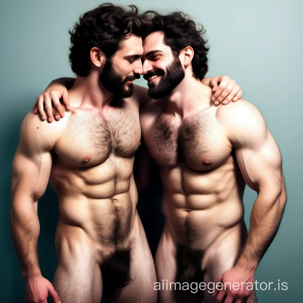 a homosexual couple, natural, very masculine, hairy chest, intimate, comic
