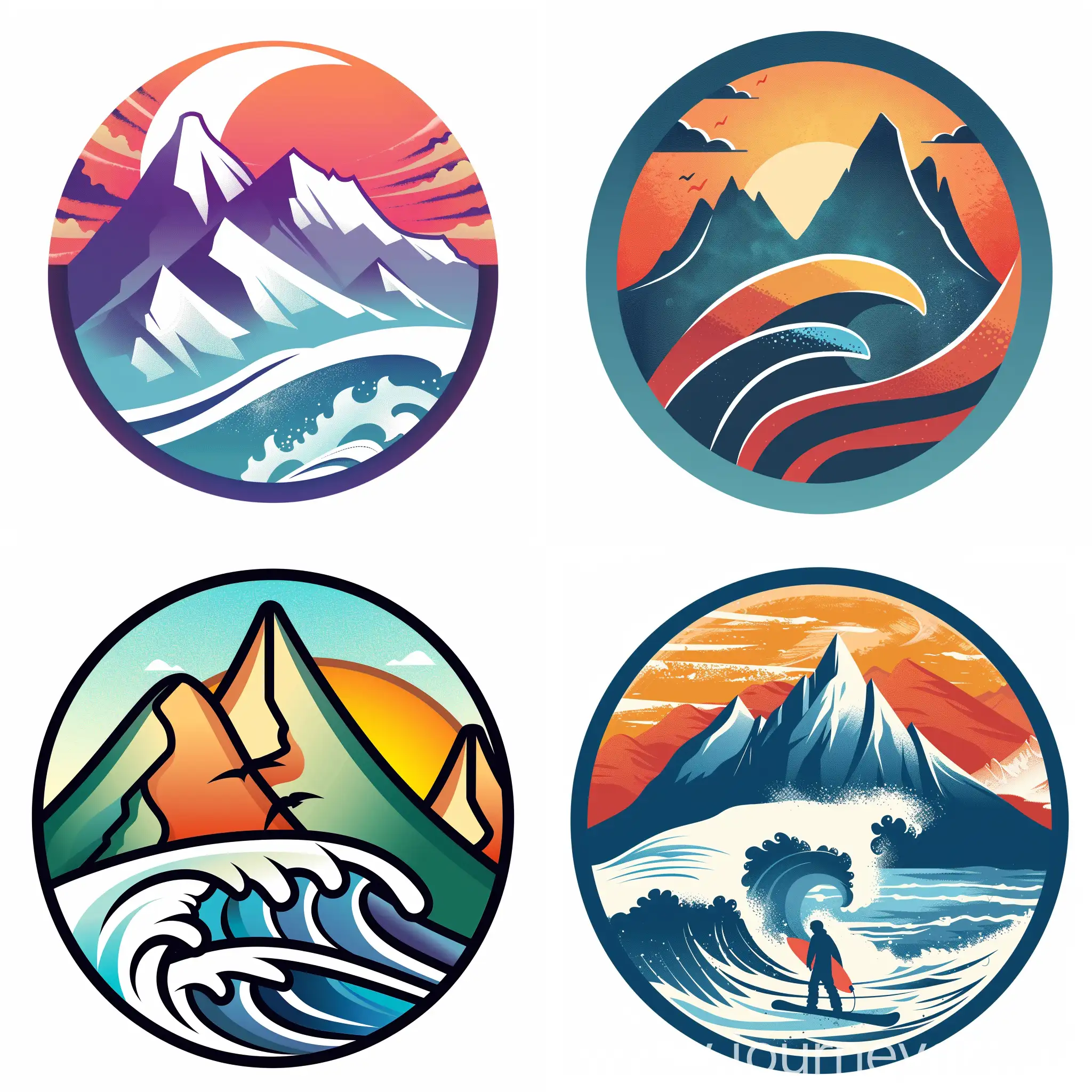 round logo, board sports travel agency, surf and snowboarding, waves and mountains