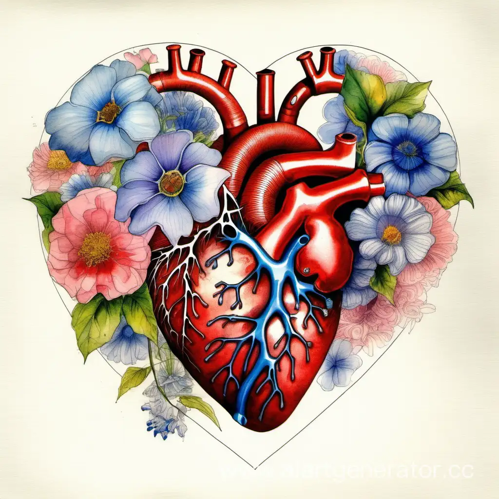 Необычный рисунок сердца, анатомическое, клапаны, цветы, Акварель 