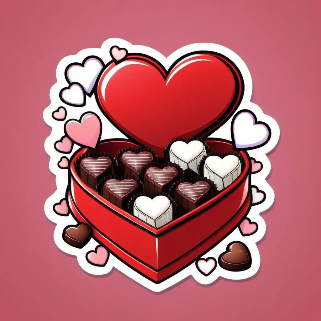 VALENTINE RED  BOX   OF CHOCOLATE, WHITE HEARTS CARTOON STICKER 