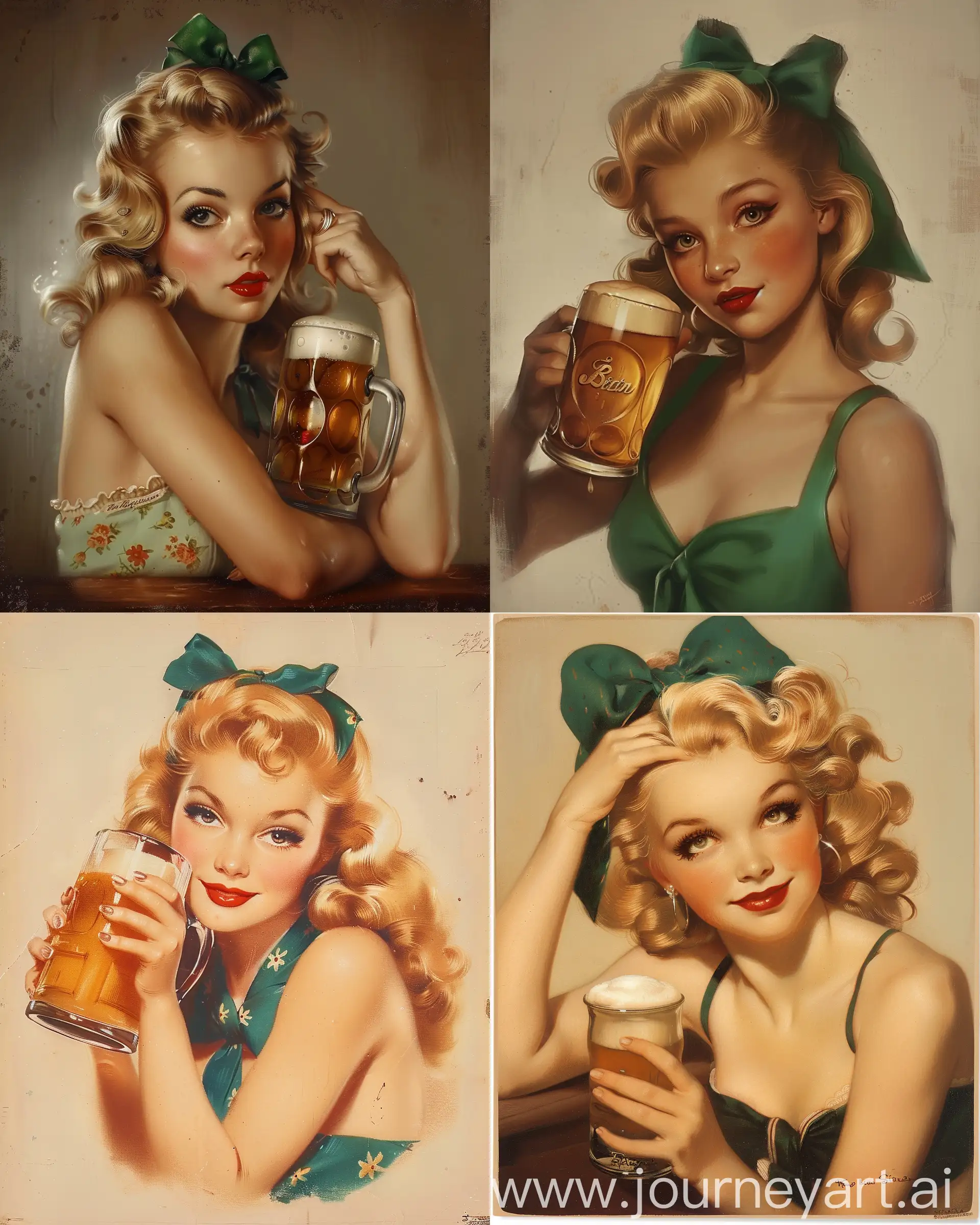 vintage pin-up girl holding beer mug, mid-20th century American style, fair skin, red lips, blonde victory roll curls, green bow, St. Patrick's Day outfit, sweetheart neckline, knot detail, frothy beer mug, transparent sides, plain white background:: classic illustration, high resolution, vintage theme, 1950s fashion, traditional tattoo art, Norman Rockwell, Gil Elvgren, retro pin-up, detailed, close-up, portrait:: soft lighting, warm tones, vintage camera filters, shallow depth of field, medium format lens, bokeh, vintage grain, 1950s color palette:: --ar 4:5