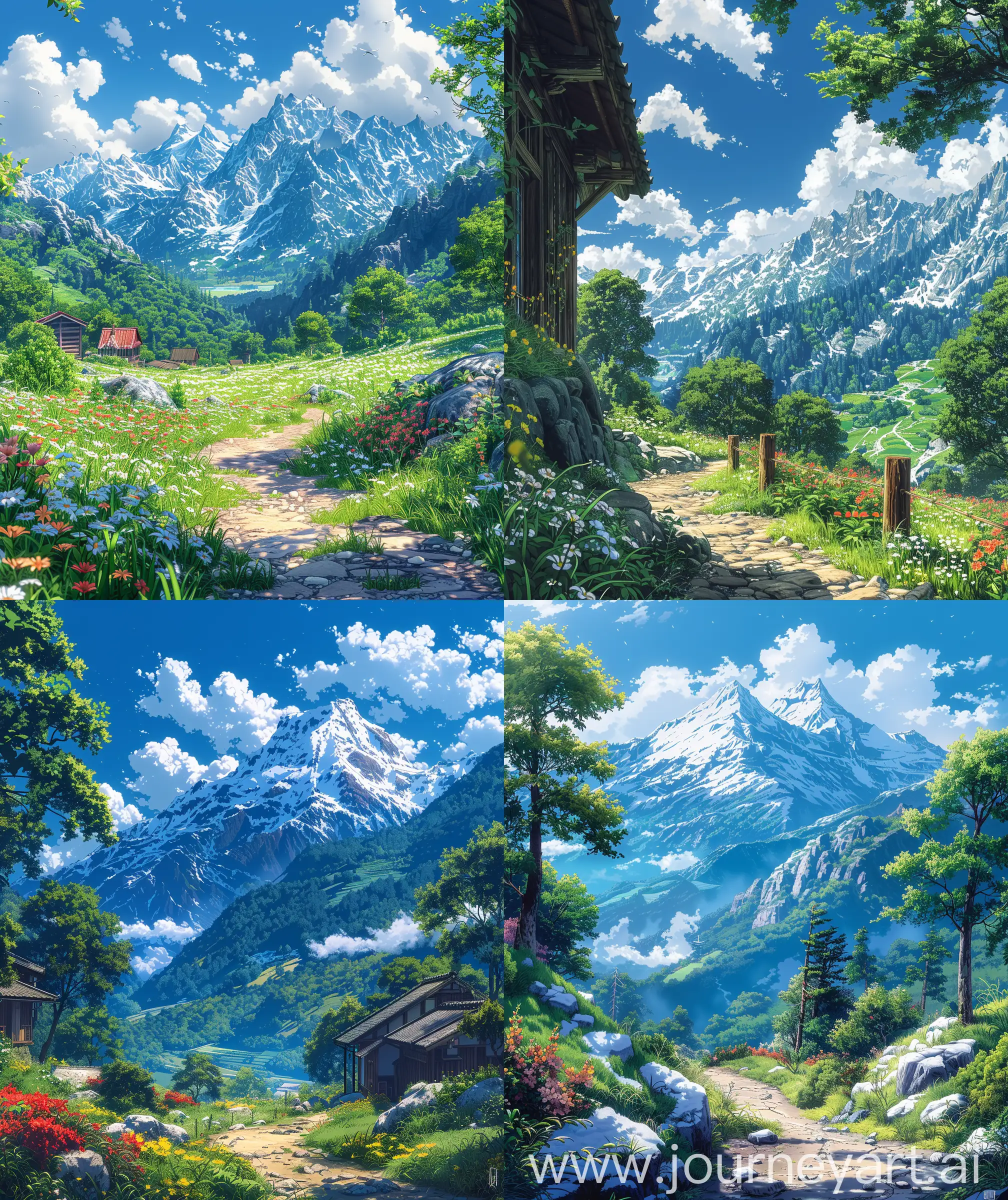 Beautiful anime scenary, mokoto shinkai style, a beautiful summer time, "verious snowy mountain nature scenaries ", anime style different places with quite and calm view, beautiful sky, Day time, illustration ultra HD, high quality, sharp details, no blurry, no hyperrealistic --ar 27:32 --s 600