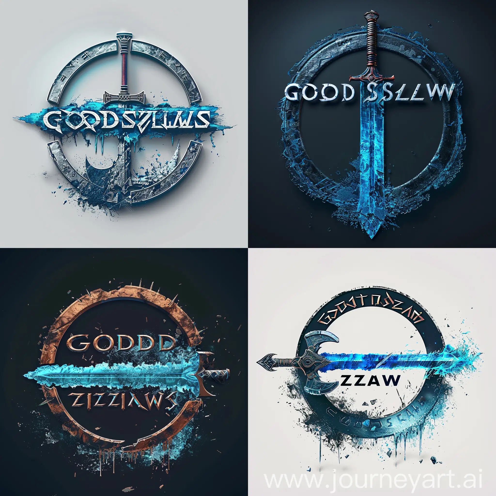 Come up with a logo for an FPS videogame about killing Nordic gods, called "Godslayer". Be inspired by the Fallout videogame franchise logo or the Elder Scrolls videogame logo. Have a futuristic viking sword infused with blue resin go through the text, and the bottom of the circle should be deteriorating.