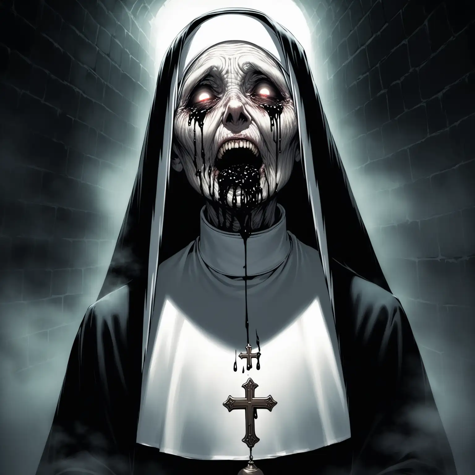 Elderly Catholic Nun in Monastery Cell with Horror Atmosphere