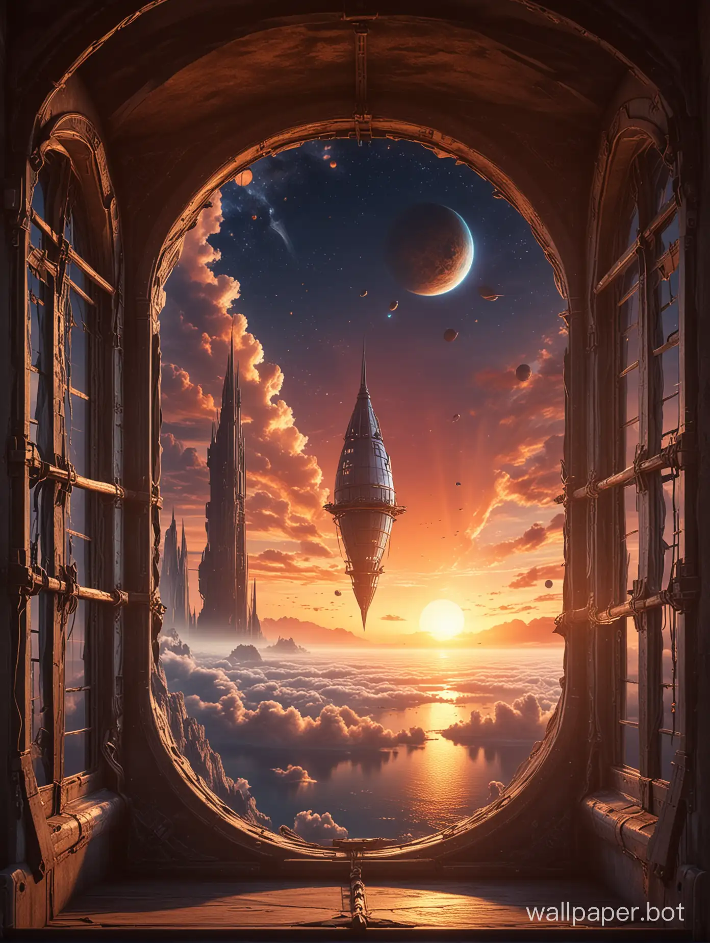A narrow window into a fantastic space with a planet. fantastic tower against sunset background. There is an airship with sails in the sky. High resolution. Very definition.  sci-fi. Anime