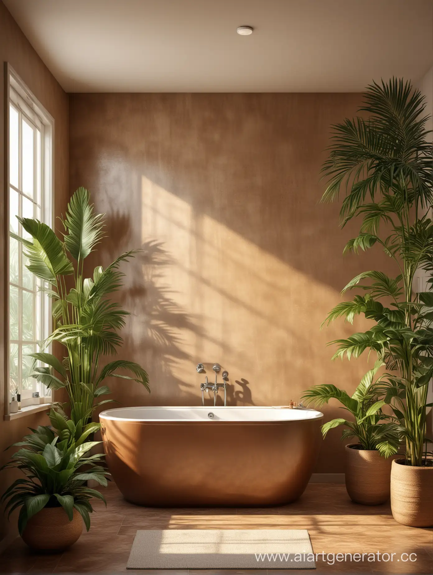 фон для товара, ванная комната коричневая, тропические растения, максимально реалистично, солнечные лучи, затмененный фон