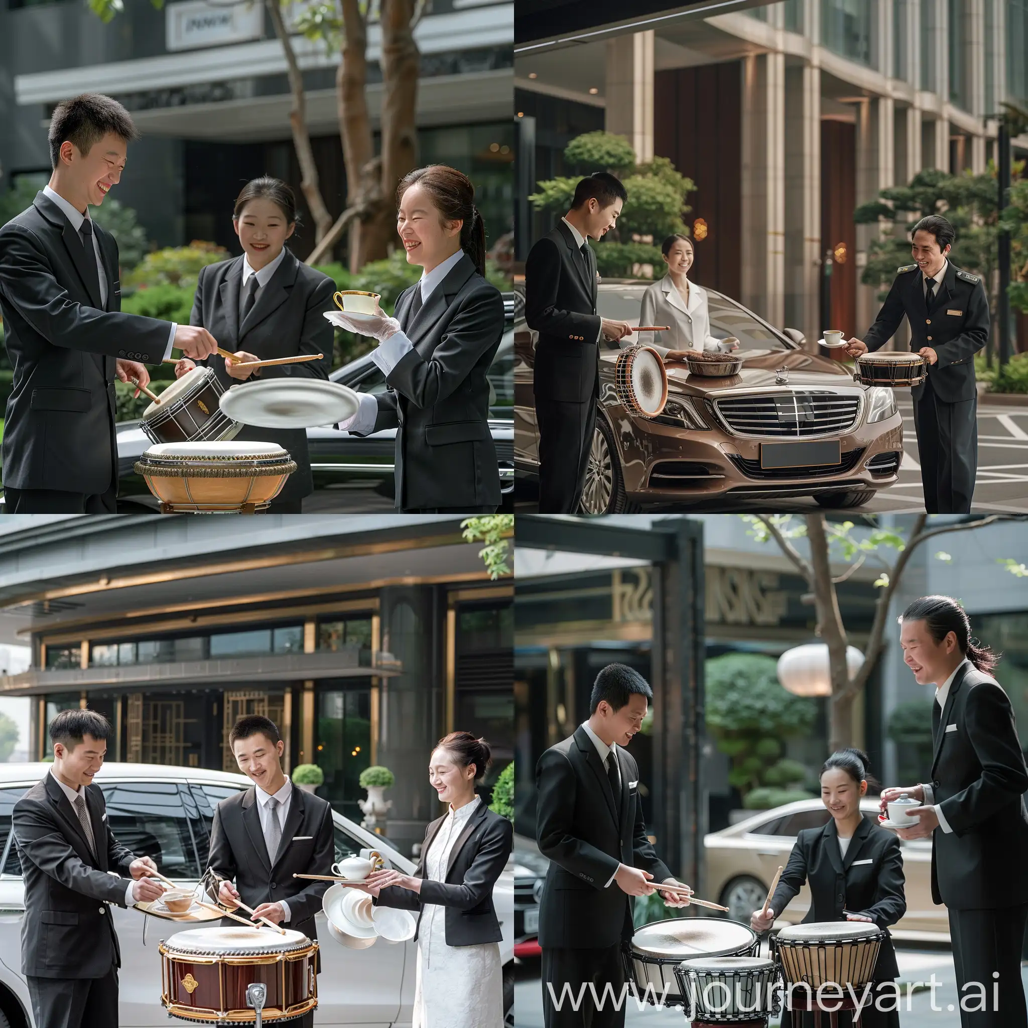 Concierge-Staff-Welcoming-Guests-with-Drum-Performance-and-Tea-Service-at-Jinmao-Hotel