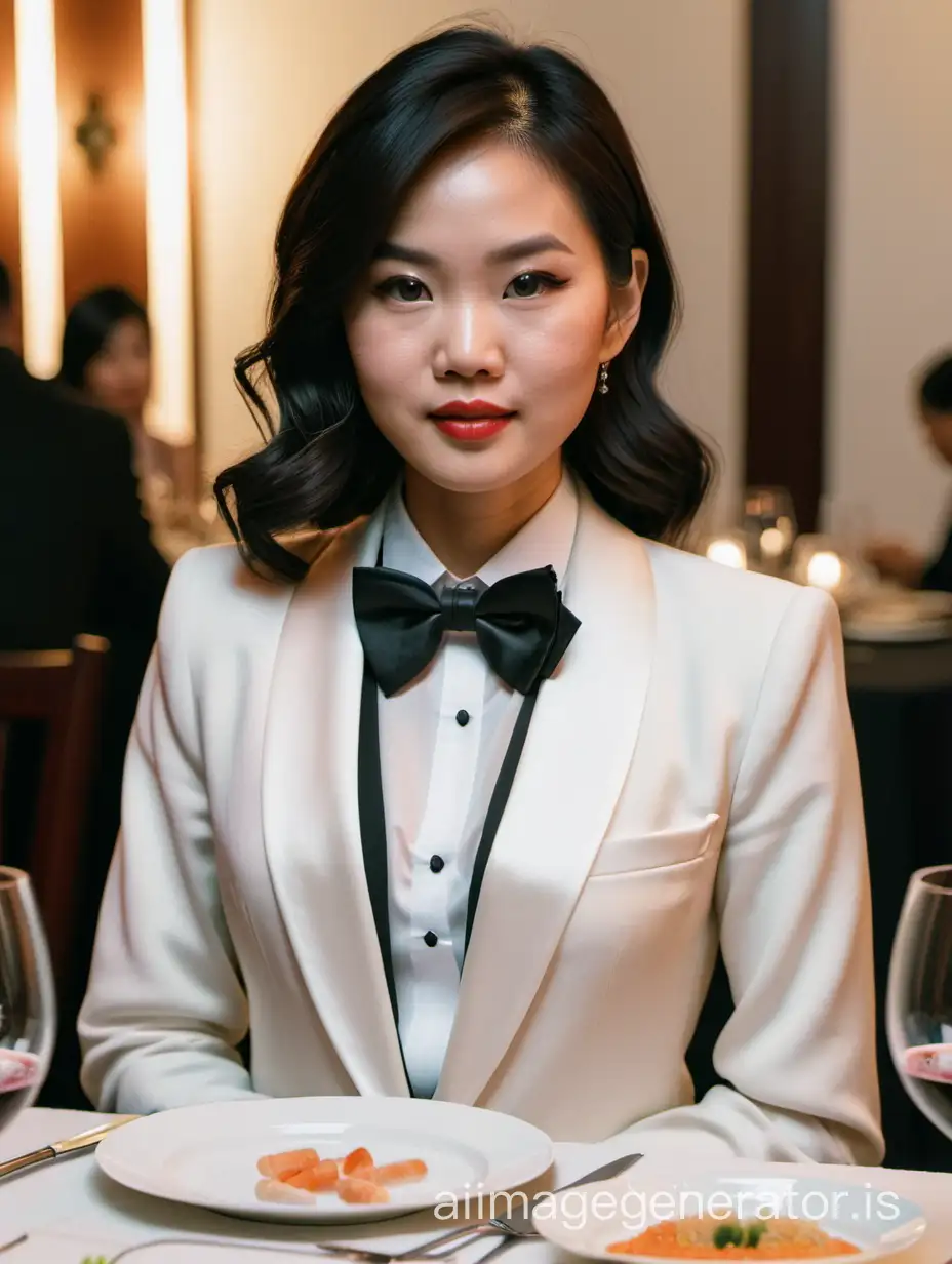30 year old stern vietnamese woman with shoulder length hair and lipstick wearing a tuxedo with a black bow tie.  She is at a dinner table.