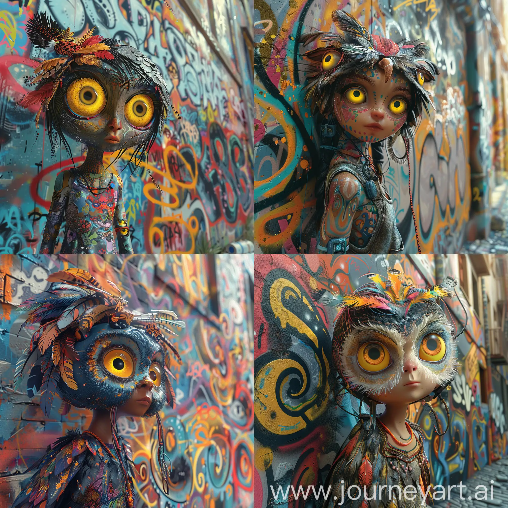 A stunning 3D render of a young girl with the upper body of an owl, standing against a vibrant city wall covered in graffiti. The girl-owl character has bright yellow eyes and wears a colorful, feathered headdress. The graffiti around her features swirling patterns and abstract shapes, creating a dynamic urban backdrop. The overall feel of the image is energetic and vibrant, with a touch of fantasy and street art., 3d render, graffiti --style raw --stylize 750