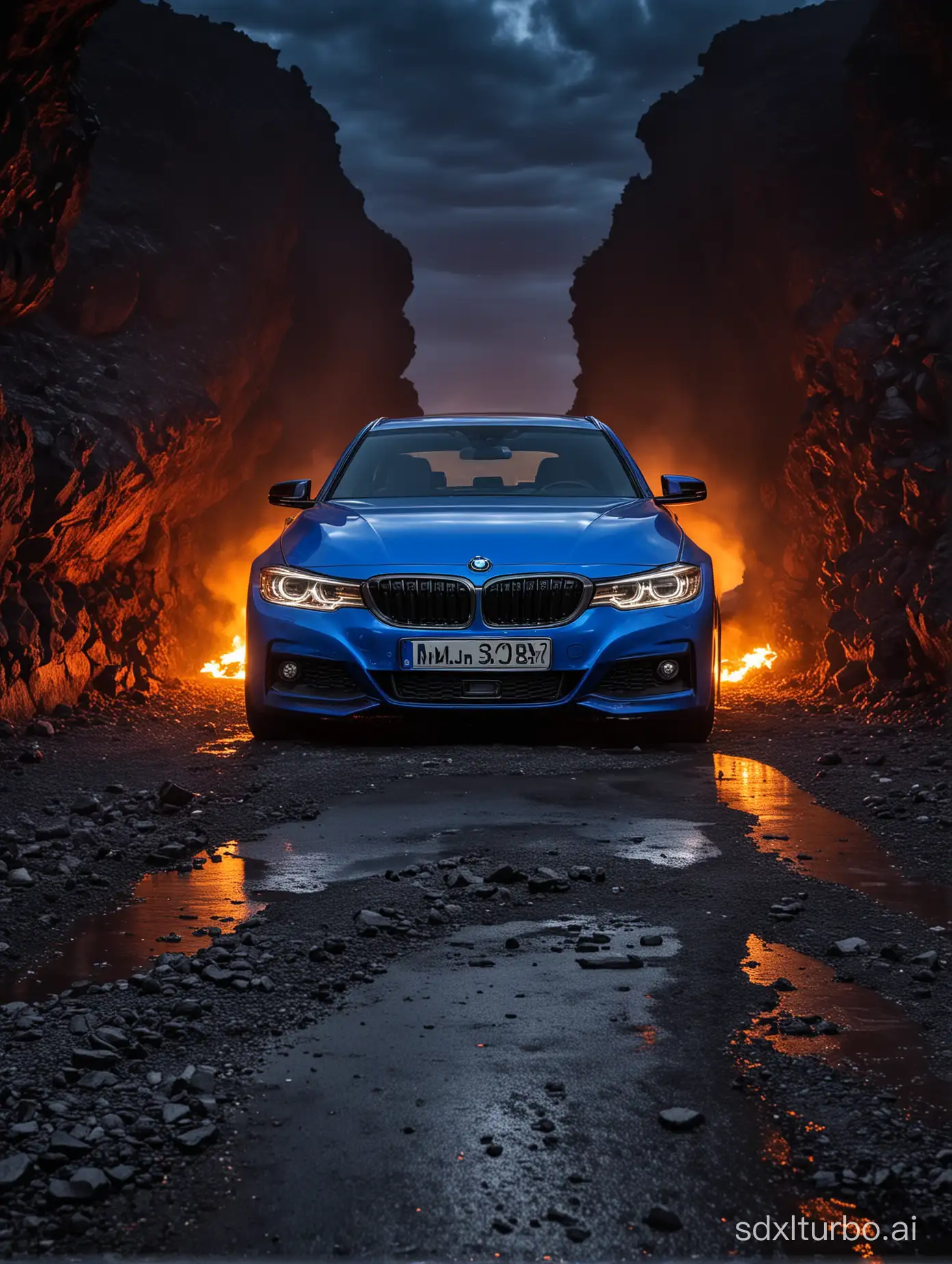 Blue-BMW-330D-Racing-Through-Lava-with-Superman
